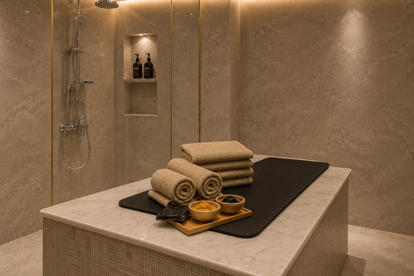 Moroccan bath room with a heated marble table, folded towels and scrub bowls at Health Home Foot Spa, Jeddah