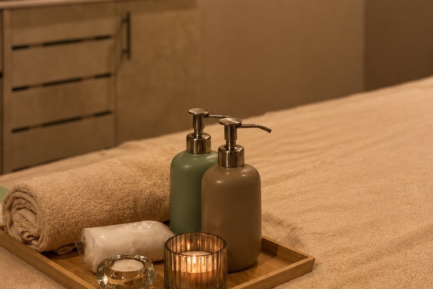 Massage oils, rolled towel and candle on a tray in a treatment room
